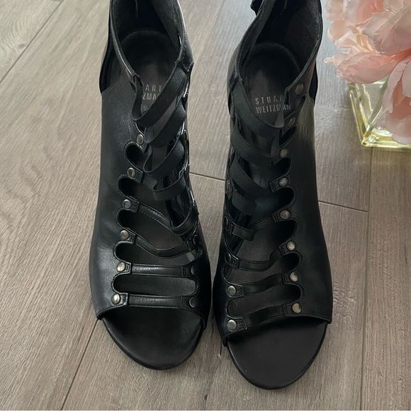 Stuart Weitzman Black Leather Caged Strappy Cut Out Peep Toe Heels - Picture 2 of 9
